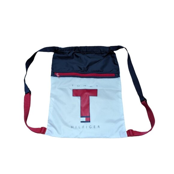Vintage 1990s Y2K Tommy Hilfiger Spellout White Nylon Drawstring Backpack Bag